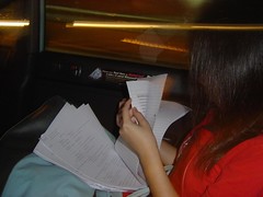 Kristin in cab keeping her exam script