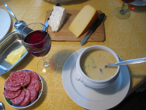 Cheddar-celery soup, cheeses & sausage